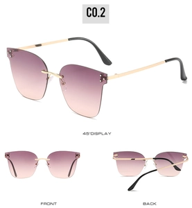 Detailed views of rimless sunglasses with purple gradient lenses and gold metal frames