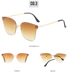 Three-way view of rimless metal sunglasses with brown gradient lenses and gold temples
