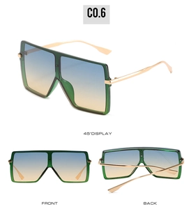 Three-view layout of oversized green square sunglasses with gradient lenses