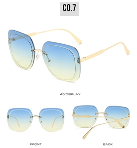 Three-way view of square sunglasses with blue-yellow gradient lenses and gold metal temples
