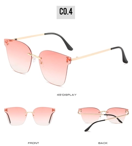 Pink gradient rimless sunglasses with gold metal temples shown in multiple display angles