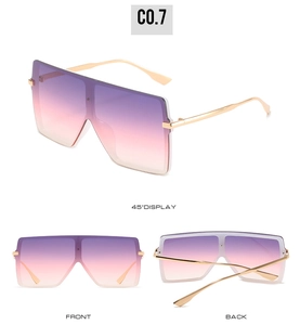 Detailed views of gold square sunglasses with purple to pink gradient lenses from three angles