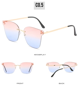 Three views of rimless gradient sunglasses showing front, back and 45-degree angle