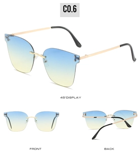Three views of rimless sunglasses with blue-yellow gradient lenses and gold metal temples
