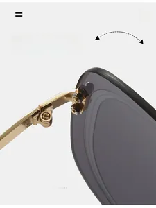 Macro detail of a durable gold metal hinge and smoke grey lens on square sunglasses