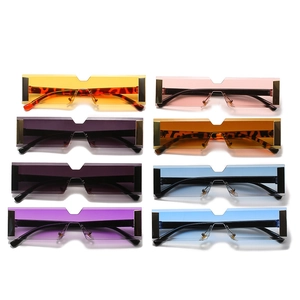 Eight pairs of rectangular rimless sunglasses with V-notch lenses in various bright colors