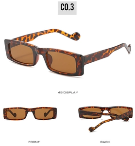 Drei-Seiten-Ansicht der schmalen rechteckigen Sonnenbrille mit Leopardenmuster und Gläsern