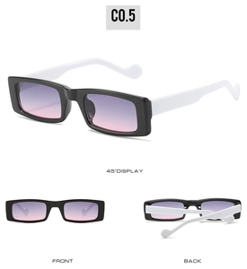 Drei-Ansichten-Display einer rechteckigen Sonnenbrille mit schwarzen und weißen Bügeln