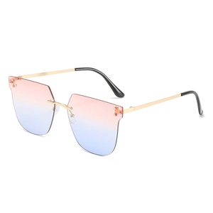 Lunettes de soleil sans monture carrées avec dégradé rose-bleu et branches dorées