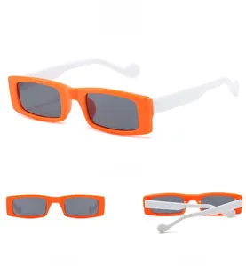 Dreiseitenansicht der rechteckigen Sonnenbrille mit orangefarbenem Rahmen und Bügeln