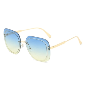 Square gold metal sunglasses with blue-yellow gradient lenses in a 45-degree angle view