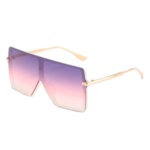 Oversized square sunglasses with purple-pink gradient lenses and gold geometric temples