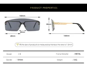 Detailed size chart for oversized metal sunglasses with dimensions in millimeters