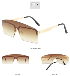 Detailed multi-angle views of oversized shield sunglasses with gold metal frames