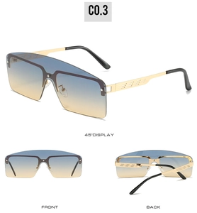 Detailed views of gradient lens sunglasses with intricate hollow gold metal temples