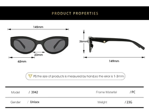 Technical dimensions of PC frame cat-eye sunglasses including frame width and lens height