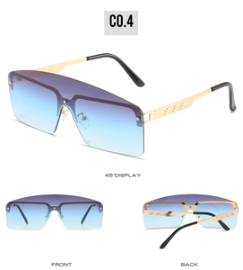 Three-view display of gradient oversized sunglasses with gold hollowed metal frames