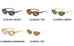 Collection of five colorful cat-eye sunglasses with gold logo detailing on temples