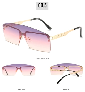 Three-way view of oversized gradient sunglasses with metal frames and silver screw details