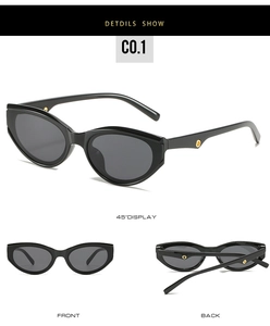 Detail views of black cat-eye sunglasses featuring golden circular temple accents