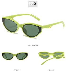 Three-angle display of lime green cat eye sunglasses with gold rivets and dark lenses