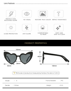Detailed dimension guide for black heart sunglasses with 153mm frame and UV400 protection