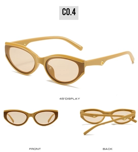 Detailed views of yellow cat eye sunglasses with gold accents and light brown lenses