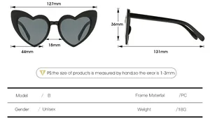 Detailed size chart for heart-shaped sunglasses showing dimensions and PC frame specifications