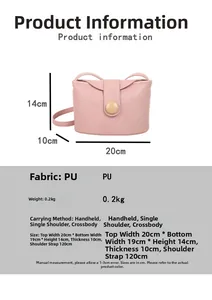 Detailed size chart of the pink PU leather shoulder bag showing 20x14x10cm dimensions