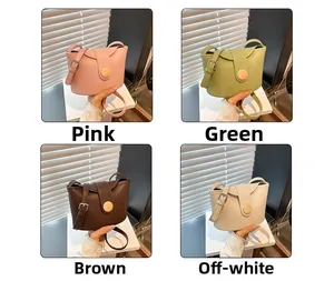 Detailed view of small faux leather shoulder bags in pink, green, coffee, and beige colors