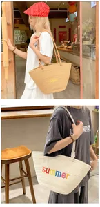 Detail of woven tote bag with colorful summer embroidery and slim straps for beach vacations