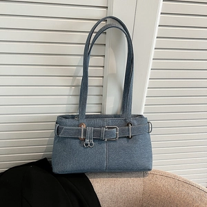 Vintage Y2K washed blue denim underarm bag with belt buckle straps and silver hardware