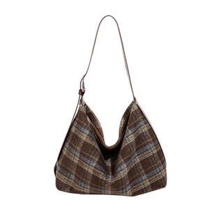 Classic brown plaid hobo shoulder bag with adjustable leather strap and wool fabric texture