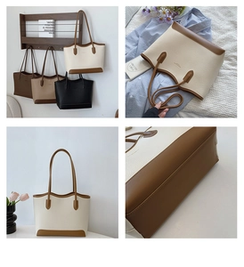 Detail view of large tote bags in four colors showing lychee grain and roomy interior