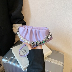 Chic lavender pleated handbag with pearl and heart metal accents for summer fashion