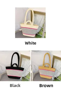 Close-up of woven tote bags with contrast straps and striped pattern for beach vacations