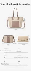 Detailed size chart for the three-piece PU leather tote handbag set in color block design