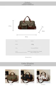 Size chart for large canvas travel bag showing dimensions 47x27x20cm and usage modes