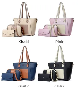 Three-piece women bag set showing large tote, crossbody, and clutch in four colors