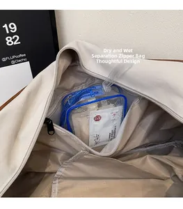 Detail view of large travel bag interior with transparent PVC wet and dry separation pocket