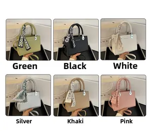 Litchi pattern square handbags with silk scarves in green, black, white, and silver