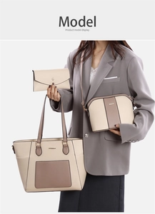 Detailed set of large tote bag, crossbody shell bag and long wallet in beige brown leather