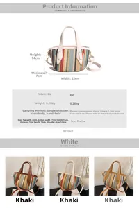 Detailed view of striped woven bucket bag with dimensions and PU strap specifications