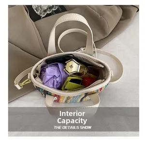 Interior view of colorful woven bucket bag showing large capacity for essentials