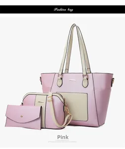 Detailed set of three pink and beige tote bags with cross-grain texture on white backdrop