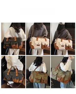 Detail shots of canvas travel bag in three colors shown on stairs with adjustable straps