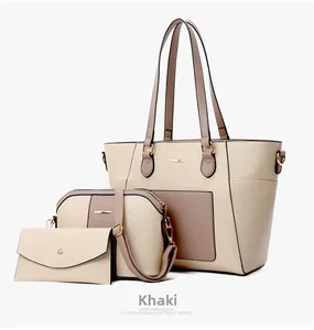 Detailed view of the 3-in-1 tote bag set in khaki and taupe textured faux leather