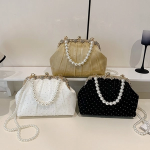 Élégante Pochette De Soirée En Tissu Plissé Avec Décor Fleur En Strass Poignée En Künstliche Perles Sac À Main Pour Mariage