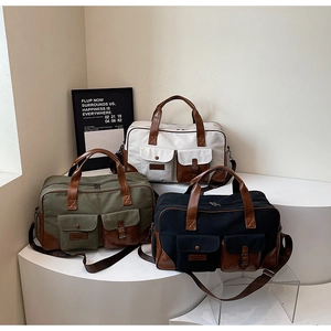 Canvas Travel Duffel Bag Large Capacity PU Leather Trim Multi Pocket Sports Gym Handbag Vintage Unisex