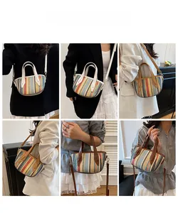 Multiple views showing colorful striped woven handbag with leather straps and shoulder carry